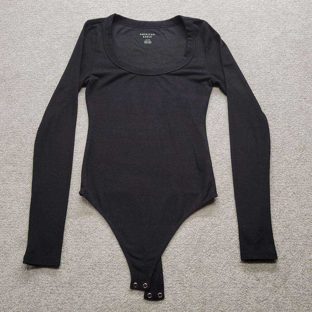 American Eagle Women's Small Black Long Sleeve Scoop Neck Thong Bodysuit